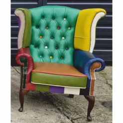 Casa Padrino Luxus Chesterfield Ohrensessel Grün / Bunt / Dunkelbraun - Patchwork Echtleder Möbel