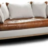Casa Padrino Luxus Chesterfield 3er Sofa Braun / Weiß / Naturfarben 215 x 95 x H. 85 cm - Wohnzimmer Sofa mit Echtleder - Chesterfield Wohnzimmer Möbel