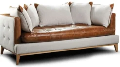 Casa Padrino Luxus Chesterfield 3er Sofa Braun / Weiß / Naturfarben 215 x 95 x H. 85 cm - Wohnzimmer Sofa mit Echtleder - Chesterfield Wohnzimmer Möbel