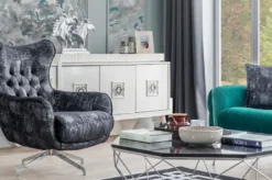 Casa Padrino Luxus Chesterfield Drehsessel Schwarz / Grau / Silber 86 x 82 x H. 100 cm - Wohnzimmer Sessel - Chesterfield Wohnzimmer Möbel