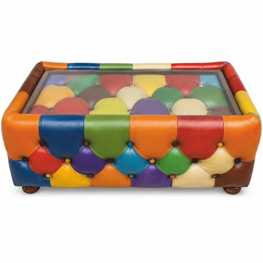 Casa Padrino Luxus Chesterfield Patchwork Echtleder Couchtisch mit Glasplatte Bunt / Dunkelbraun 120 cm - Patchwork Wohnzimmer Leder Möbel