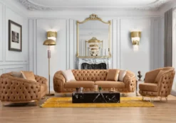 Casa Padrino Luxus Chesterfield Wohnzimmer Set Vintage Braun / Messing - 2 Luxus Chesterfield Sofas & 2 Luxus Chesterfield Sessel - Wohnzimmer Möbel - Luxus Möbel - Chesterfield Möbel