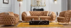 Casa Padrino Luxus Chesterfield Wohnzimmer Set Vintage Braun / Messing - 2 Luxus Chesterfield Sofas & 2 Luxus Chesterfield Sessel - Wohnzimmer Möbel - Luxus Möbel - Chesterfield Möbel