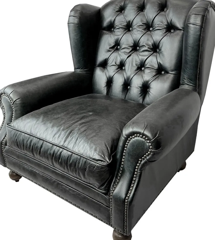 Casa Padrino Luxus Chesterfield Leder Ohrensessel Vintage Schwarz / Dunkelbraun - Chesterfield Echtleder Wohnzimmer Sessel - Wohnzimmer Möbel - Chesterfield Möbel - Echtleder Möbel - Luxus Möbel