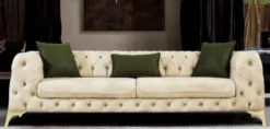 Casa Padrino Luxus Chesterfield Schlafsofa Cremefarben / Gold 250 x 95 x H. 72 cm - Modernes Wohnzimmer Sofa - Chesterfield Wohnzimmer Möbel