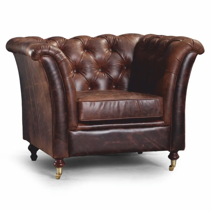 Casa Padrino Luxus Chesterfield Echtleder Sessel Vintage Braun / Messing - Echtleder Möbel