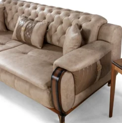 Casa Padrino Luxus Chesterfield Schlafsofa Beige / Braun / Schwarz / Gold 222 x 98 x H. 80 cm - Modernes Wohnzimmer Sofa - Luxus Wohnzimmer Möbel