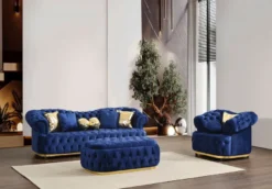 Casa Padrino Luxus Chesterfield Samt Sessel Blau / Gold / Schwarz 110 cm
