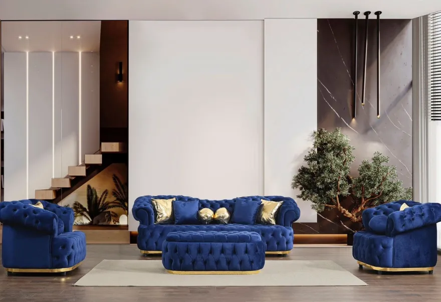 Casa Padrino Luxus Chesterfield Samt Sessel Blau / Gold / Schwarz 110 cm