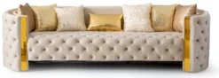 Casa Padrino Luxus Chesterfield 3er Sofa Creme / Gold 260 x 100 x H. 75 cm - Chesterfield Wohnzimmer Sofa - Wohnzimmer Möbel - Chesterfield Möbel - Luxus Möbel - Luxus Einrichtung - Möbel Luxus