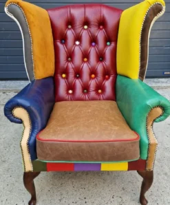 Casa Padrino Luxus Chesterfield Ohrensessel Mehrfarbig / Dunkelbraun 98 x 90 x H. 110 cm - Echtleder Chesterfield Wohnzimmer Sessel - Wohnzimmer Möbel - Chesterfield Möbel - Luxus Leder Möbel