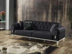 Casa Padrino Luxus Chesterfield Schlafsofa Dunkelgrau / Weiß / Gold 230 x 95 x H. 83 cm - Wohnzimmer Sofa mit 3 Kissen - Luxus Wohnzimmer Möbel