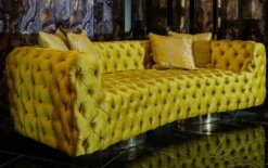 Casa Padrino Luxus Chesterfield Sofa Gelb / Silber 270 x 98 x H. 78 cm - Modernes Wohnzimmer Sofa - Chesterfield Wohnzimmer Möbel - Luxus Kollektion