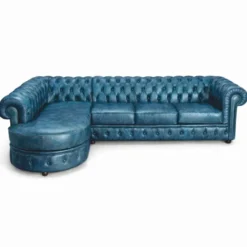 Casa Padrino Luxus Chesterfield Leder Ecksofa Vintage Blau 293 cm - Echtleder Möbel