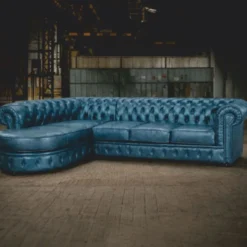 Casa Padrino Luxus Chesterfield Leder Ecksofa Vintage Blau 293 cm - Echtleder Möbel