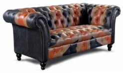 Casa Padrino Luxus Chesterfield Echtleder 2er Sofa Blau / Braun / Schwarz 200 cm