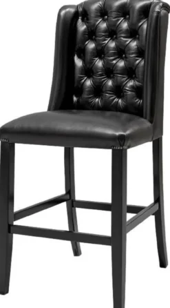 Casa Padrino Luxus Chesterfield Echtleder Barstuhl Schwarz 75 x 65 x H. 106 cm - Massivholz Barhocker mit Büffelleder - Chesterfield Bar Möbel