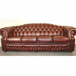 Casa Padrino Luxus Chesterfield Leder 4er Sofa Rot / Braun 236,5 cm - Echtleder Möbel