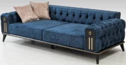Casa Padrino Luxus Chesterfield Schlafsofa Blau / Schwarz / Gold 220 x 90 x H. 80 cm - Modernes Wohnzimmer Sofa - Chesterfield Wohnzimmer Möbel