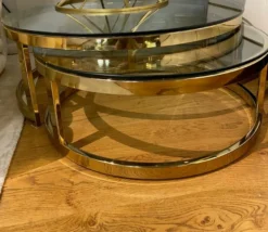 Casa Padrino Luxus Couchtisch Set Gold Ø 100 x H. 35 cm - 2 Runde Wohnzimmertische mit Glasplatten - Satztische