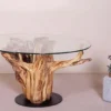 Casa Padrino Luxus Couchtisch mit Glasplatte Naturfarben / Schwarz Ø 90 cm