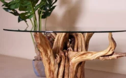 Casa Padrino Luxus Couchtisch mit Glasplatte Naturfarben / Schwarz Ø 90 cm