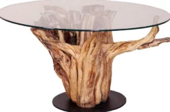 Casa Padrino Luxus Couchtisch mit Glasplatte Naturfarben / Schwarz Ø 90 cm
