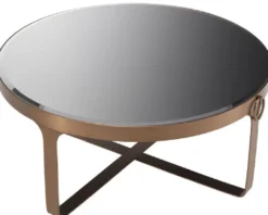 Casa Padrino Luxus Couchtisch Kupferfarben / Schwarz Ø 90 x H. 38,5 cm - Runder Edelstahl Wohnzimmertisch mit Glasplatte - Wohnzimmer Möbel - Luxus Möbel