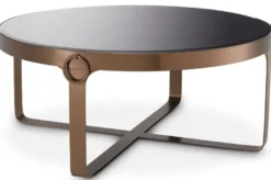Casa Padrino Luxus Couchtisch Kupferfarben / Schwarz Ø 90 x H. 38,5 cm - Runder Edelstahl Wohnzimmertisch mit Glasplatte - Wohnzimmer Möbel - Luxus Möbel