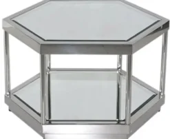 Casa Padrino Luxus Couchtisch Silber 60 x 52 x H. 36 cm - 6 eckiger Metall Wohnzimmertisch mit Glasplatten - Wohnzimmer Möbel - Luxus Möbel