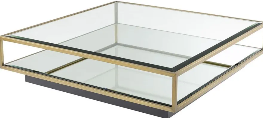 Casa Padrino Luxus Couchtisch Messingfarben / Schwarz 120 x 120 x H. 30 cm - Quadratischer Edelstahl Wohnzimmertisch mit Spiegelglas und Glasplatte - Wohnzimmer Möbel - Luxus Qualität