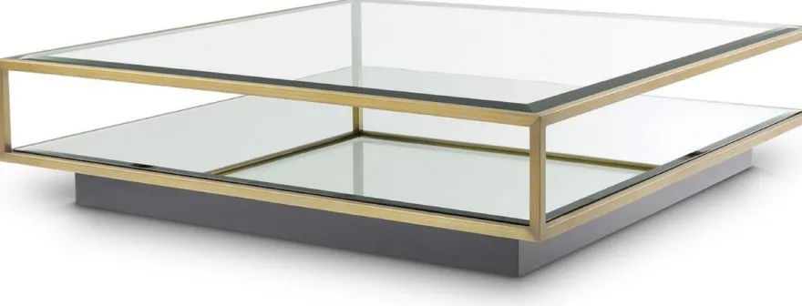 Casa Padrino Luxus Couchtisch Messingfarben / Schwarz 120 x 120 x H. 30 cm - Quadratischer Edelstahl Wohnzimmertisch mit Spiegelglas und Glasplatte - Wohnzimmer Möbel - Luxus Qualität