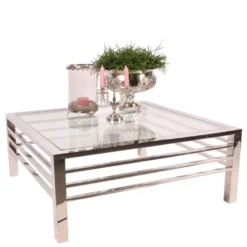 Casa Padrino Luxus Couchtisch Silber 100 x 100 x H. 40 cm - Quadratischer Wohnzimmertisch mit Glasplatte