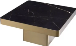 Casa Padrino Luxus Couchtisch Schwarz / Messingfarben 81 x 81 x H. 38,5 cm - Quadratischer Edelstahl Wohnzimmertisch mit Keramikplatte - Wohnzimmer Möbel - Luxus Möbel