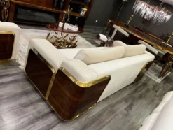 Casa Padrino Luxus Couchtisch Braun / Gold 120 x 51 x H. 47 cm - Ovaler Edelstahl Wohnzimmertisch mit Massivholz Tischplatte - Wohnzimmer Möbel - Hotel Möbel - Luxus Möbel