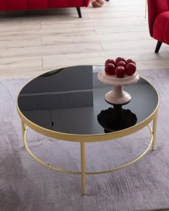 Casa Padrino Luxus Couchtisch Matt Gold / Schwarz Ø 82 x H. 40 cm - Runder Wohnzimmertisch mit Glasplatte - Wohnzimmer Möbel