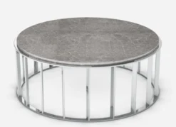 Casa Padrino Luxus Couchtisch Grau / Silber Ø 100 x H. 42 cm - Runder Wohnzimmertisch mit Emperador Marmorplatte und Edelstahl Gestell - Wohnzimmermöbel - Luxus Qualität