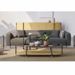 Casa Padrino Luxus Couchtisch Naturfarben / Grau / Messing 155 cm - Wohnzimmer & Hotel Möbel