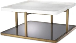 Casa Padrino Luxus Couchtisch Messingfarben / Weiß / Grau 58 x 58 x H. 27,5 cm - Moderner Edelstahl Wohnzimmertisch mit Marmorplatte und getönter Glasplatte - Luxus Möbel