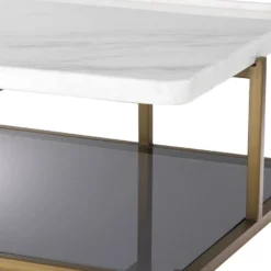 Casa Padrino Luxus Couchtisch Messingfarben / Weiß / Grau 58 x 58 x H. 27,5 cm - Moderner Edelstahl Wohnzimmertisch mit Marmorplatte und getönter Glasplatte - Luxus Möbel