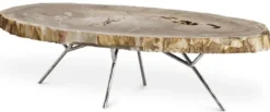 Casa Padrino Luxus Couchtisch Naturfarben / Silber 115 x 68 x H. 35 cm - Edler Wohnzimmertisch mit versteinerter Holz Tischplatte und Edelstahl Beinen - Luxus Wohnzimmer Möbel