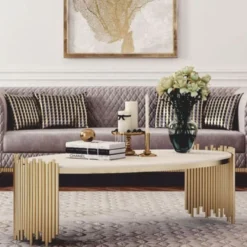 Casa Padrino Luxus Couchtisch mit Kunstmarmor Tischplatte Weiß / Gold Ø 101 cm - Luxus Möbel