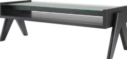 Casa Padrino Luxus Couchtisch Schwarz 120 x 46 x H. 39,5 cm - Rechteckiger Massivholz Wohnzimmertisch mit Glasplatte - Luxus Wohnzimmer Möbel