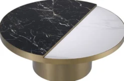 Casa Padrino Luxus Couchtisch Schwarz / Weiß / Messingfarben Ø 89 x H. 55,5 cm - Runder Edelstahl Wohnzimmertisch mit 2 halbrunden Keramikplatten - Wohnzimmer Möbel - Luxus Möbel