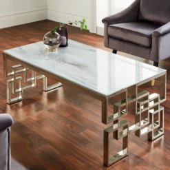 Casa Padrino Luxus Couchtisch Silber / Weiß 120 x 60 x H. 45 cm - Rechteckiger Wohnzimmertisch mit Edelstahlbeinen und Marmorglas Tischplatte - Luxus Wohnzimmer Möbel