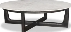 Casa Padrino Luxus Couchtisch Weiß / Schwarz Ø 120 x H. 35 cm - Runder Massivholz Wohnzimmertisch mit Marmorplatte - Luxus Wohnzimmer Möbel