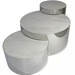 Casa Padrino Luxus Couchtisch Set Silber / Weiß 130 x 80 x H. 50 cm - 3 Runde Wohnzimmertische mit Porzellanplatten