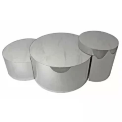 Casa Padrino Luxus Couchtisch Set Silber / Weiß 130 x 80 x H. 50 cm - 3 Runde Wohnzimmertische mit Porzellanplatten