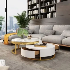 Casa Padrino Luxus Couchtisch Set Weiß / Gold - 2 runde Wohnzimmertische - Wohnzimmer Möbel - Luxus Qualität