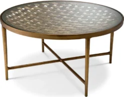Casa Padrino Luxus Couchtisch Antik Messing Ø 90 x H. 44,5 cm - Runder Aluminium Wohnzimmertisch mit Glasplatte - Luxus Möbel - Wohnzimmer Möbel - Luxus Einrichtung